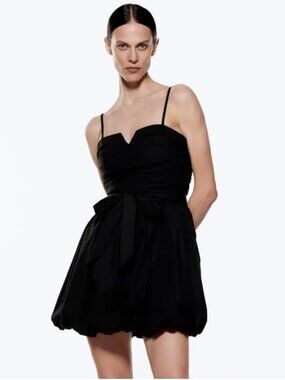 ZARA Black Poplin Mini Dress | Sweetheart Neck, Belted, Balloon Hem - XS